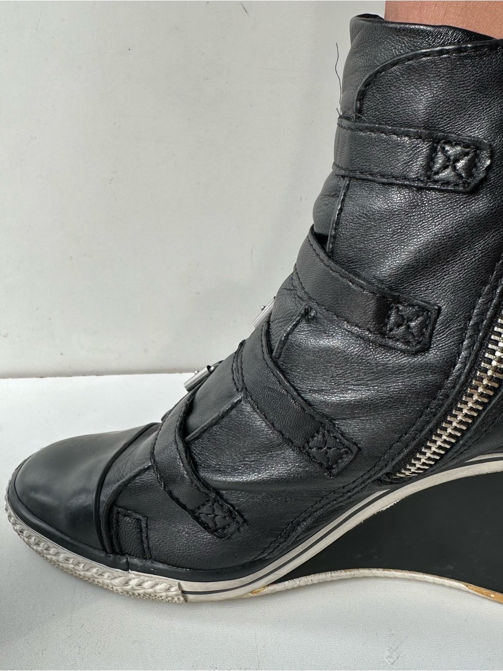 ASH Vintage Black Studded Wedge Sneaker Boots Leather Buckle Zip EU 39 - Picture 8 of 15
